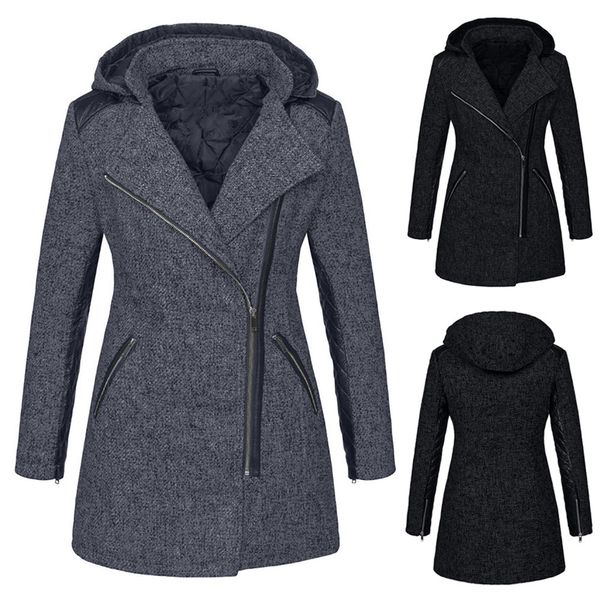 

women wool blend warm long coat plus size women warm slim jacket thick parka overcoat winter outwear hooded zipper coat#g4, Black