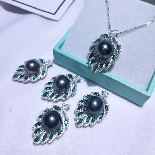 

natural 11-12mm perfectly round black pearl pendant necklace olive leaf shape 925 sterling silver women wedding bridal jewelry