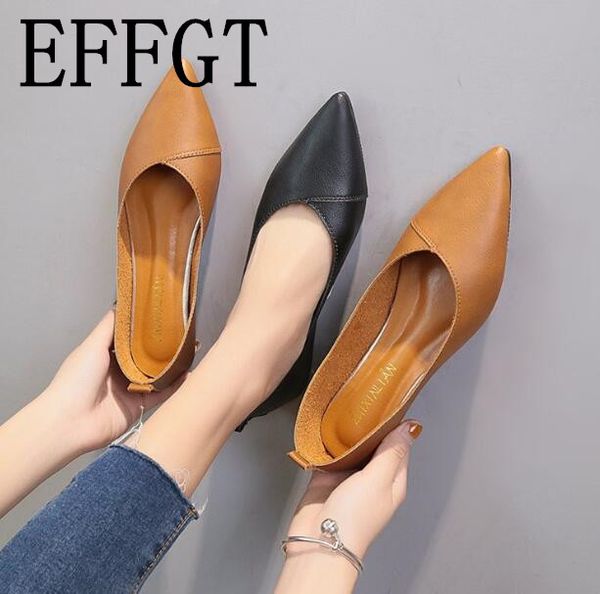 

effgt 2019 spring black soft leather shoes women larger sizes 40 ballet flats pointed toe shallow mouth slip-on ladies loafer