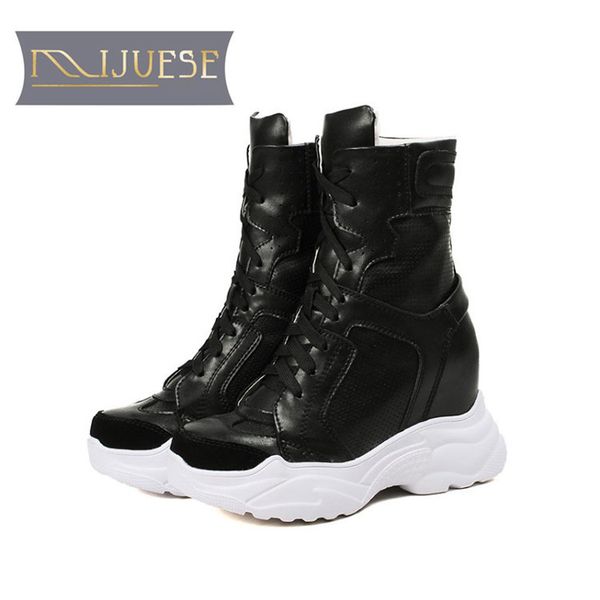 

mljuese 2018 women ankle boots cow leather lace up white color autumn spring hidden heel wedges sneakers women boots size 32-40 t200425, Black