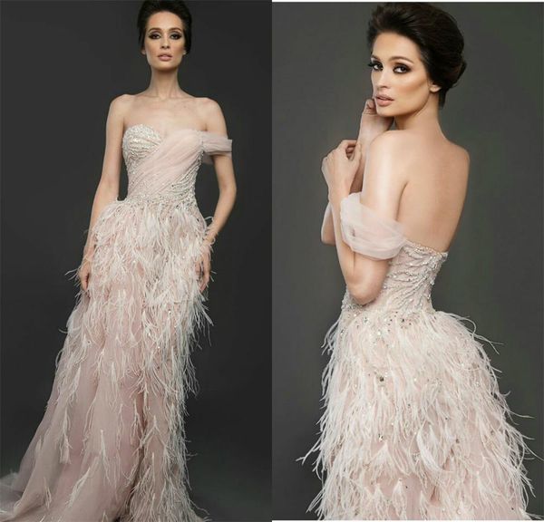 

light pink evening dresses off the shoulder beads feather lace mermaid prom dress 2020 tulle custom made formal party gowns, Black;red