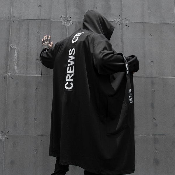 

men ribbon splice loose long hooded trench coat cloak jacket cardigan male streetwear hip hop punk gothic outwear windbreaker, Tan;black