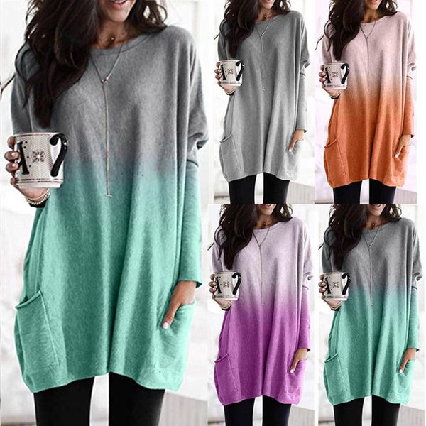 

t shirt women autumn o-neck gradient color t-shirt loose long sleeve pocket female tshirt camiseta feminina