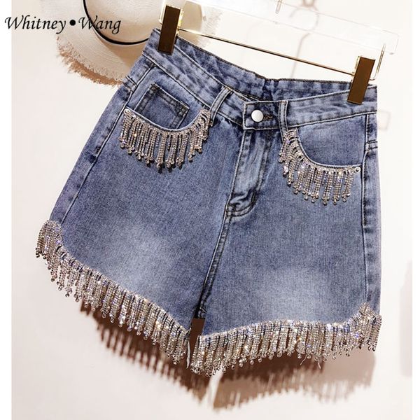 

whitney wang 2019 summer fashion streetwear pockets diamonds tassel shorts jeans women stylish denim pants, Blue