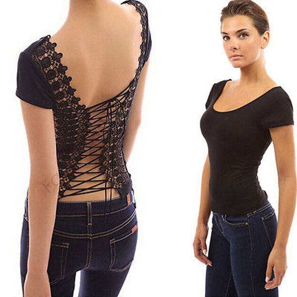 

summer 2017 new arrival women lace strappy backless ladies short sleeve t-shirt stretch, White