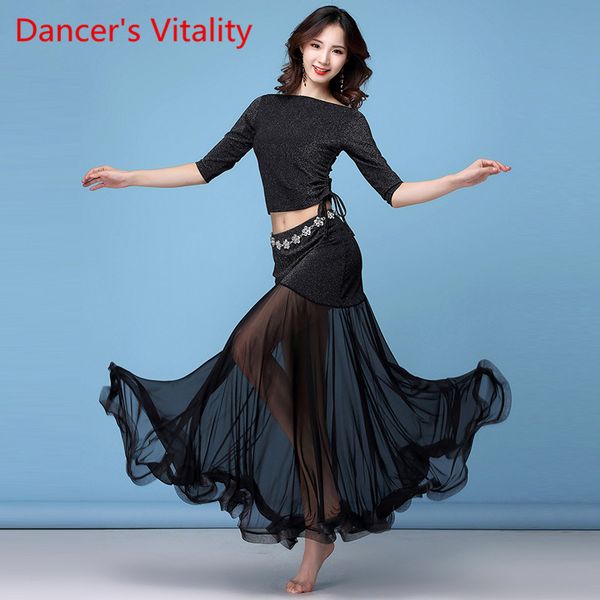 

sexy 2019 женщины живота набор танца сетка эластичный shinny ткань практики одежды длинные юбки бальк красный m, l, xl, Black;red