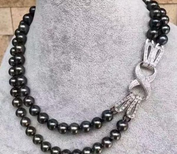 

2 rows of 9-10mm tahitan black green pearl necklace 18 "19" 925, Silver