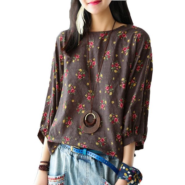 

plus size -5xl 2017 zanzea women pullovers autumn round neck casual loose shirt blusas floral printed 3/4 sleeve, White