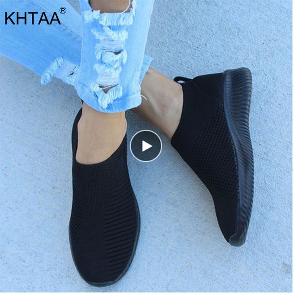 

khtaa женщина air mesh кроссовки осень плоской обувь stretch трикотажной весна дышащая повседневная ходьба вулканизация обувь женского плюс, Black