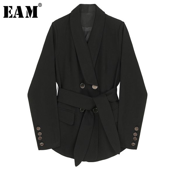 

eam] women black double breasted bandage blazer new lapel long sleeve loose fit jacket fashion tide spring autumn 2020 1r540, White;black
