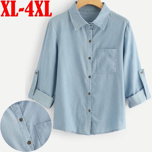 

женщины denim shirt 2019 новое прибытие женские блузки с длинным рукавом топы сыпучие fit повседневный длинным рукавом рубашки дамы плюс раз, White
