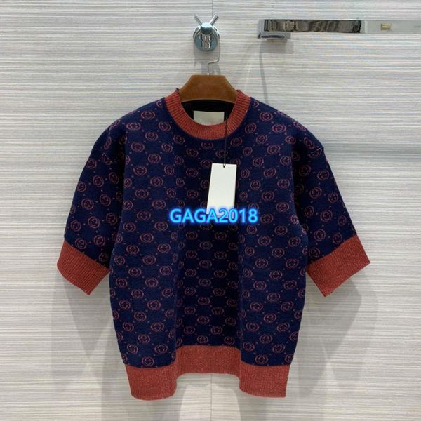 

high end женщины девушки вязать шерстяную футболку на всем протяжении блокировки письмо шаблон с коротким рукавом блузка футболка мода дизай, White