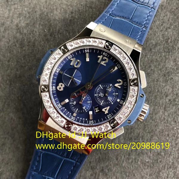 

luxury mens watch automatic wristwatch chronograph stainless steel with diamonds blue leather strap sapphire mirror swiss watch, Slivery;brown