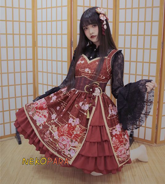 

gorgerous hanayome lolita jsk dress cute japanese style suspender sleeveless dress one piece & lace hime sleeve blouse shirt, Black;red