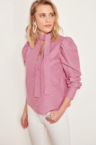 

trendyol pink striped scarf collar blouse twoss19eh0064, White