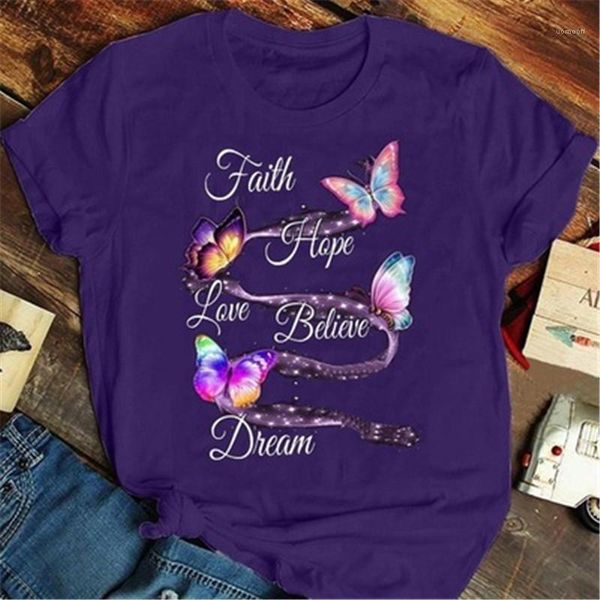 

t-shirt painted butterfly round neck short sleeve tshirts female summer fahion casual tee faith hope love believe dream women, White