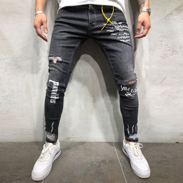 

fashion denim men korean style hip hop black letter print jeans masculino elastic pencil trousers ripped jeans for men pants 20, Blue