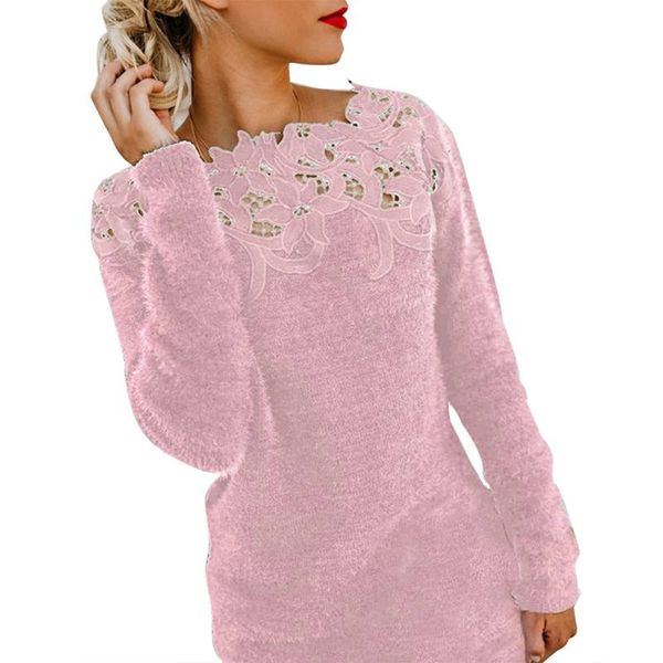 

2019 sweater women autumn winter solid color lace sweater long sleeve casual warm pullovers, White;black