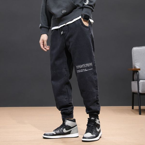 

fashion streetwear men jeans loose fit embroidery designer denim cargo pants elastic waist hip hop jeans men harem pants joggers, Blue