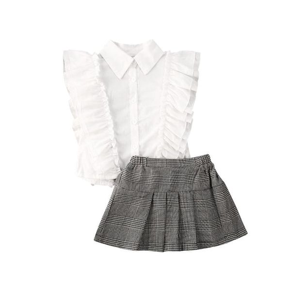 

new infant baby girl kid sleeveless white +plaid skirts outfits summer clothes set 2pcs