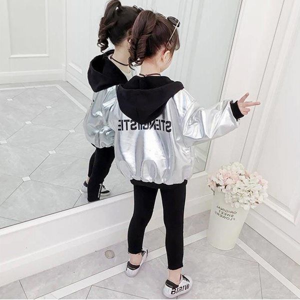 

kids sport leather jacket 2019 spring girls hoodies coat reflective silver long sleeve outerwear basball children windbreaker, Blue;gray