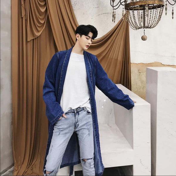 

xxl korean version sashes design men's long section loose over the knee denim windbreaker temperament tide youth denim jacket, Tan;black
