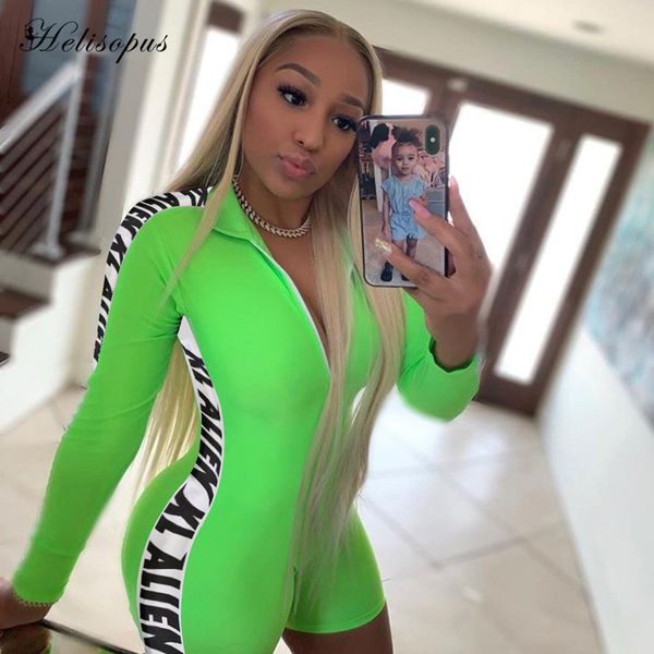 

helisopus new neon green long sleeve slim playsuit women autumn side letter printing zipper turtleneck skinny romper, Black;white