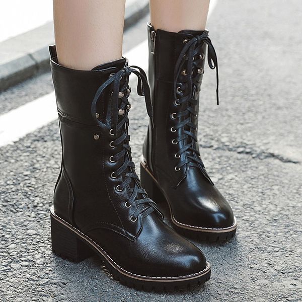 

casual middle tube booties woman shoes new 2020 lace-up motorcycle boots leather waterproof snow boots zapatos de mujer drop, Black