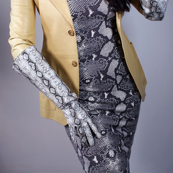 

women' faux pu leather wide sleeve long gloves female patent sliver snake skin print leather gloves 50cm r1225, Blue;gray