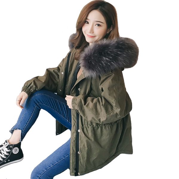 

2019 нового прибытие моды кореи стиля женщины зимней куртки короткий рыхлый большой мех с капюшоном пальто женщин твердого пальто женской ку, Black