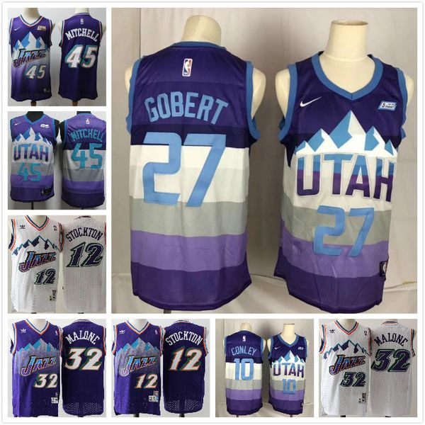 

2020 retro utah jazz 12 john stockton mens 32 karl malone 10 mike conley rudy 27 gobert nba donovan 45 mitchell hwc basketball, Black