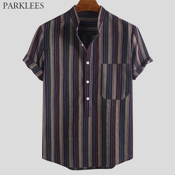 

hit color striped summer mens shirt 2020 retro casual shirts for mens stand collar button men short sleeve shirt chemise homme, White;black