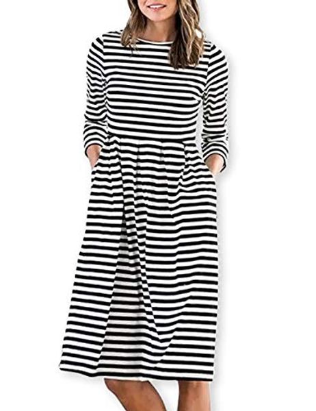 

aooksmery women casual cotton mid pleat dress 3/4 sleeve o-neck stripes dresses pocket, Black;gray