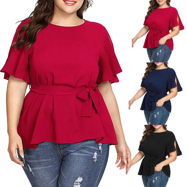 

women's solid color plus size short sleeve t-shirt belted knot summer girl oversized t-shirts tees 2020, White
