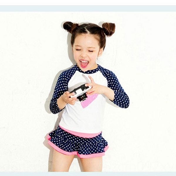 

58uqu children's little girl body skirt swimsuit middle and large children split skirt long sleeve sunscreen cute princess student girl, White;black