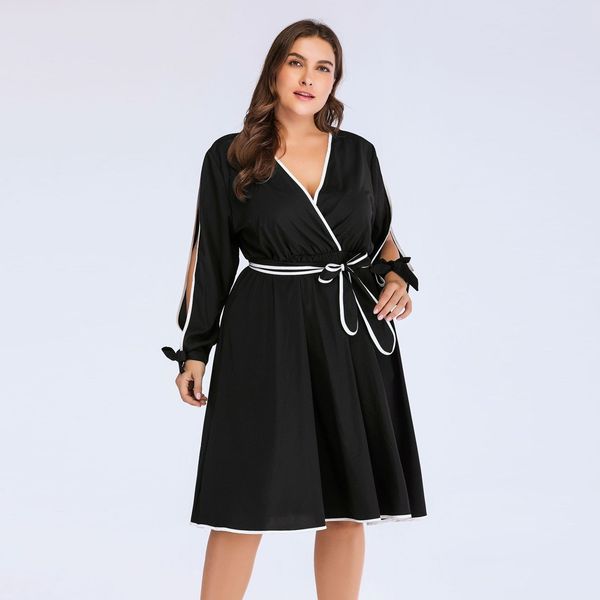 

jaycosin fashion 2019 women dresses spring summer plus size elegant ladies pleated long black dresses v neck lace up bow 1112, Black;gray