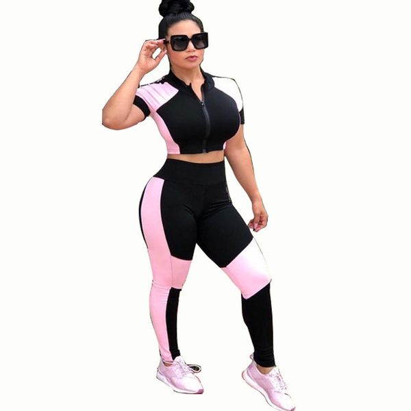 

fashion patchwork short o-neck zipper crop with pants leggings sport casual women tow piece outfits women sets, White