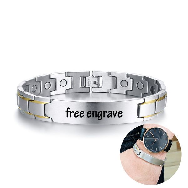 

watch brands stainless steel men's bracelet therapy magnetic health heal black silver personalized bangles engraving 8.7, Golden;silver