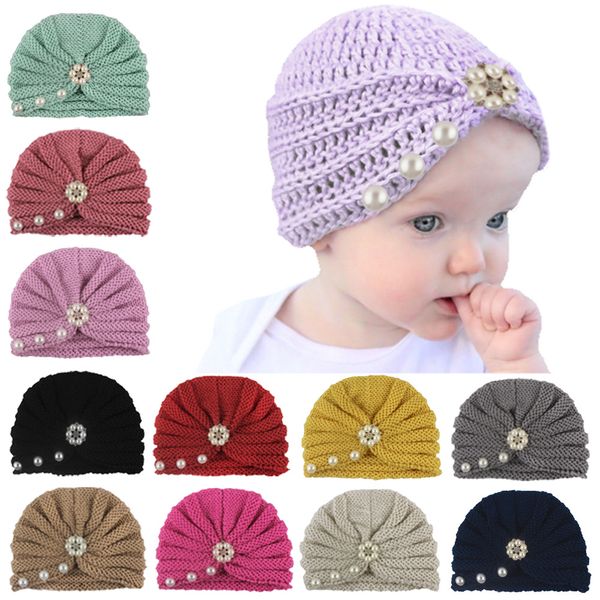 

europe fashion baby girls knitted hat faux pearls beads babies headwear toddler kids warm beanies turban hats children hats 12 colors a491, Yellow