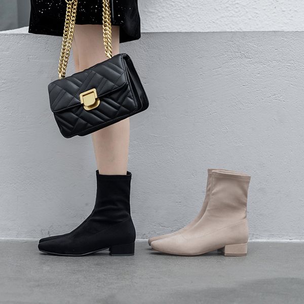 

ins women ankle boots 22-25cm small square toe elastic boots winter women zapatos de mujer wild solid color booties, Black