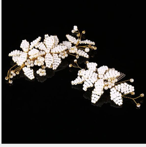 

hand-made white pearl hair comb bride's wedding dress, decoration and headgear, Slivery;golden