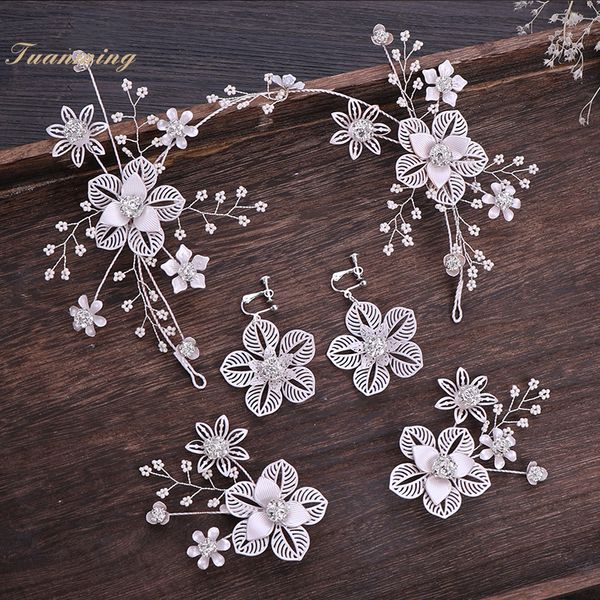 

exquisite sweet hollow flower shiny crystal bead hairband earrings hair pins bride wedding hair accessories jewelry sets tiara, Slivery;golden