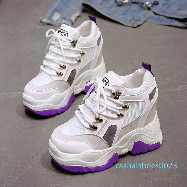 

spring women sneakers 9cm ultra high heels chunky sneakers casual elevator shoes summer mesh platform wedges ladies trainers c23, Black