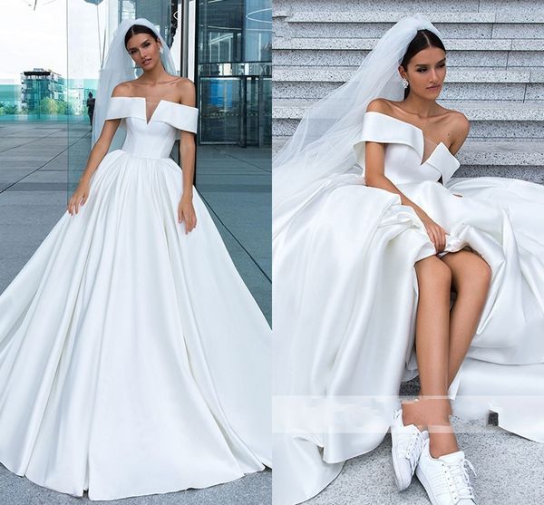 

wholeprice simple satin empire waist white wedding dresses 2020 ball gowns boat neckline open back corset back court train garden vestidos