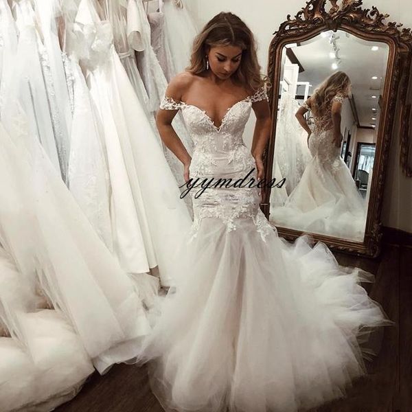 

2019 l mermaid lace wedding dresses off shoulder appliques cap sleeves tulle backless sweep train wedding bridal gowns, White
