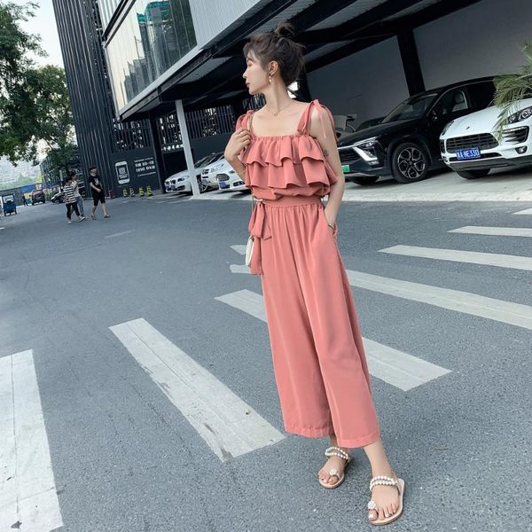 

2020 summer spliced ruffles sleeveless bandage jumpsuit women wide leg one piece pants office lady elegant sling romper q26, Black;white