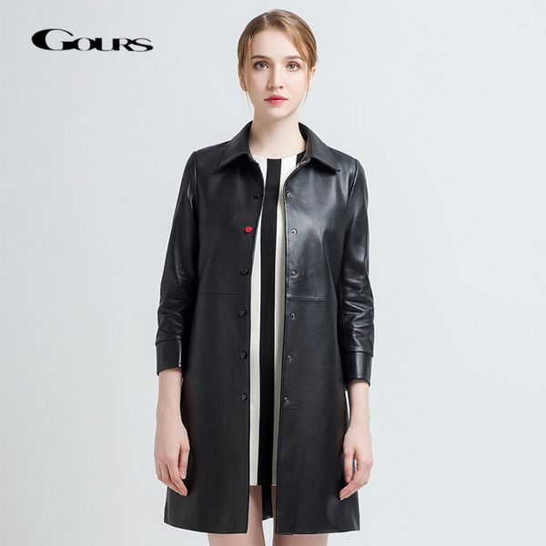 

gours women's genuine leather coats female fashion black long slim overcoat ladies windbreaker sheepskin jacket new arrival 9003