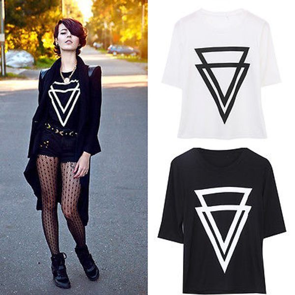 

женщины лето повседневная треугольник шаблон футболки топ с коротким рукавом тройники свободные топы футболка черный, White