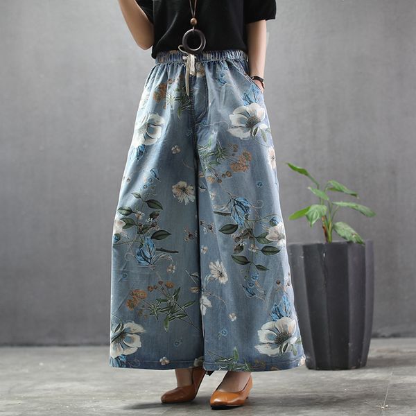 

artistic flower print loose high waist q182, Blue