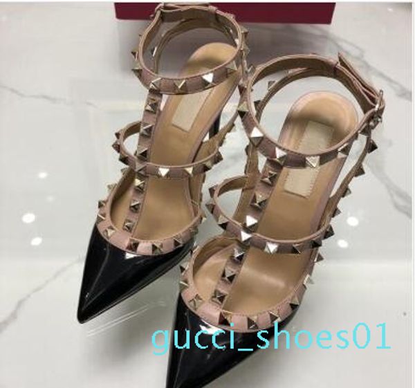 

2019 women pumps wedding shoes woman high heels sandal nude fashion ankle straps rivets shoes high heels bridal shoes, Black
